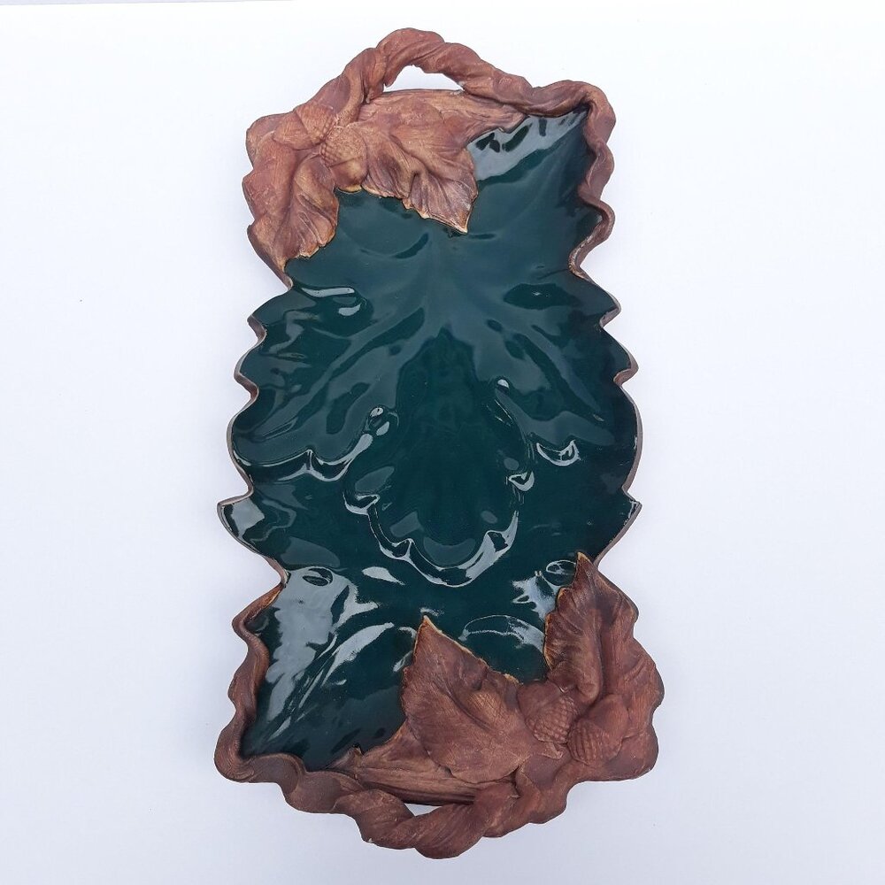 Terrafirma Pottery Tray, Green Glaze, Leaf & Acorn Design, Signed 1992